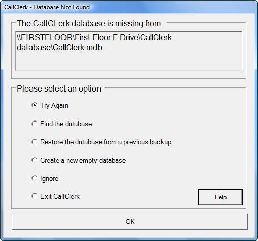 CallClerk - Database Not Found Window