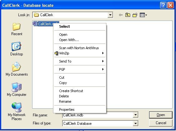 CallClerk Settings Database locate 2